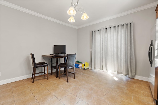 office area with an inviting chandelier, baseboards, and ornamental molding