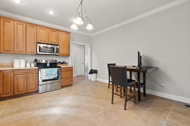 kitchen with ornamental molding, light countertops, brown cabinets, appliances with stainless steel finishes, and hanging light fixtures