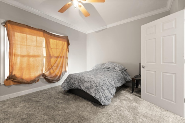 bedroom featuring carpet flooring, crown molding, baseboards, and ceiling fan