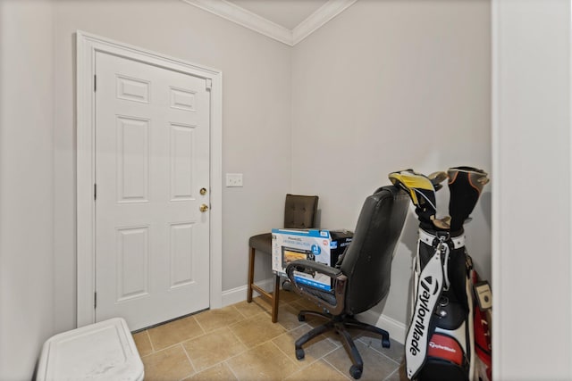 home office featuring crown molding and baseboards