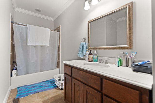 full bathroom featuring vanity, tile patterned floors, shower / bathtub combination with curtain, visible vents, and ornamental molding
