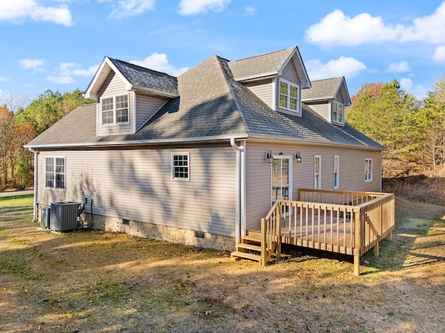 back of house with crawl space, cooling unit, a wooden deck, and a shingled roof