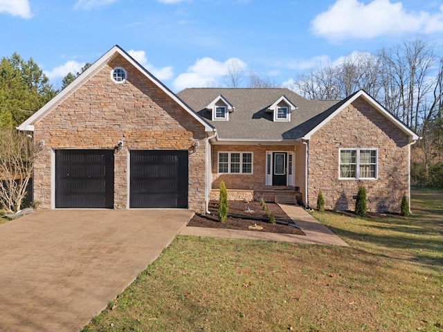 view of front of property featuring a shingled roof, an attached garage, a front lawn, stone siding, and driveway