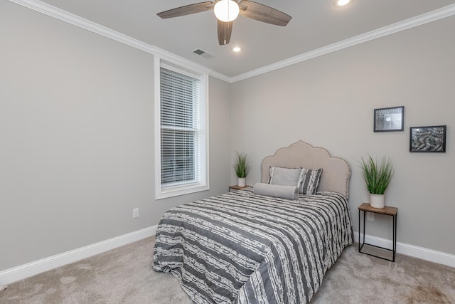 carpeted bedroom with crown molding, baseboards, recessed lighting, and visible vents