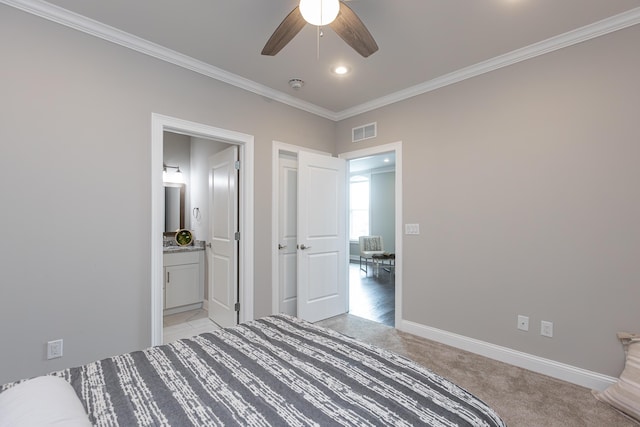 unfurnished bedroom with visible vents, baseboards, ornamental molding, light carpet, and recessed lighting