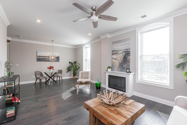 living room with visible vents, dark wood finished floors, baseboards, ceiling fan with notable chandelier, and ornamental molding