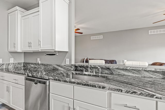 1620 Hannah Dr, Lawrenceburg, KY 40342 - kitchen featuring ceiling fan, stainless steel dishwasher, white cabinets, and visible vents
