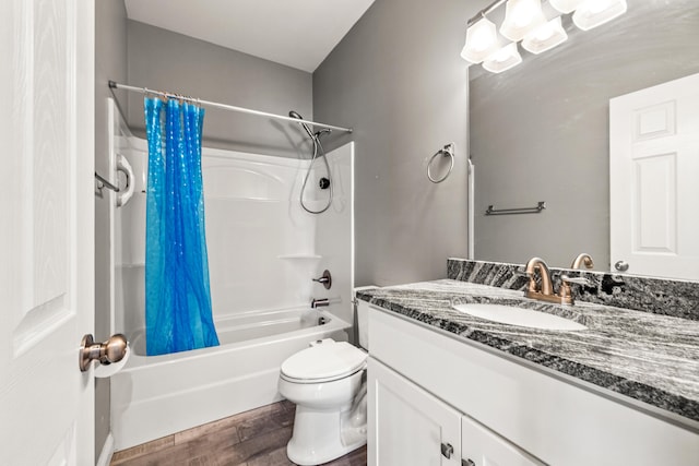 1620 Hannah Dr, Lawrenceburg, KY 40342 - bathroom featuring vanity, shower / bathtub combination with curtain, wood finished floors, and toilet