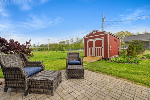 1620 Hannah Dr, Lawrenceburg, KY 40342 - view of patio / terrace featuring a shed, an outbuilding, and fence
