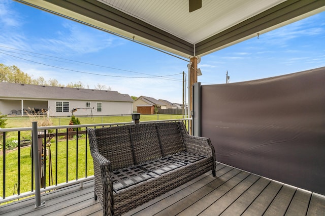 1620 Hannah Dr, Lawrenceburg, KY 40342 - wooden terrace with ceiling fan, a yard, and a residential view