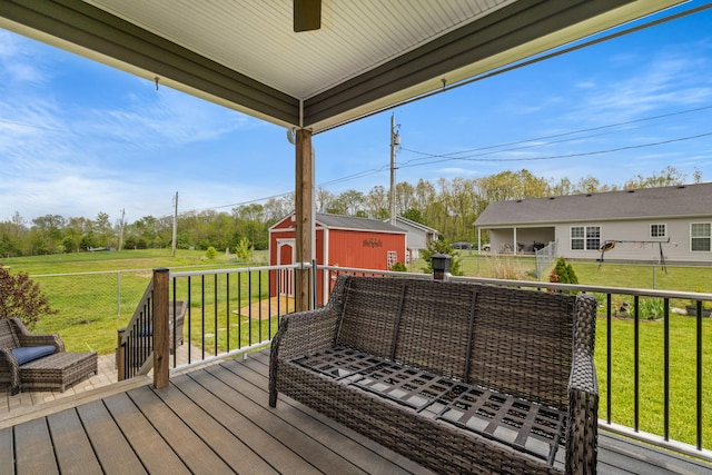 1620 Hannah Dr, Lawrenceburg, KY 40342 - wooden terrace with a ceiling fan, an outdoor structure, a yard, and a shed