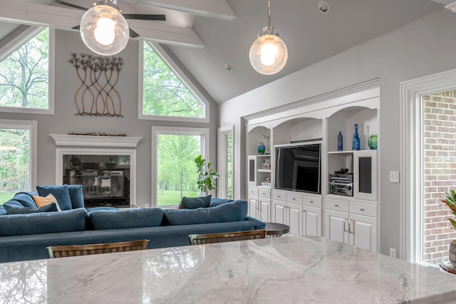 living area featuring high vaulted ceiling and a premium fireplace