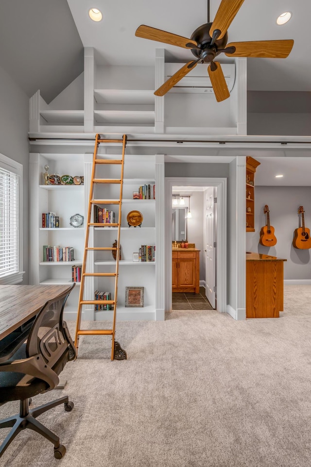 carpeted home office featuring recessed lighting, a ceiling fan, and vaulted ceiling