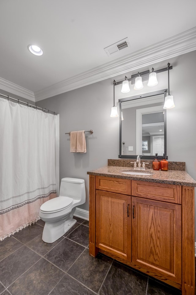 full bathroom with visible vents, crown molding, curtained shower, vanity, and toilet