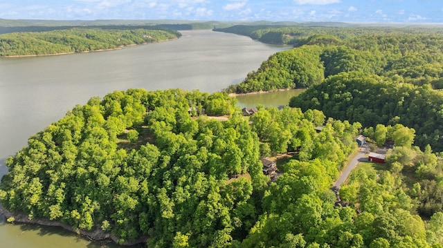 aerial view featuring a water view and a wooded view