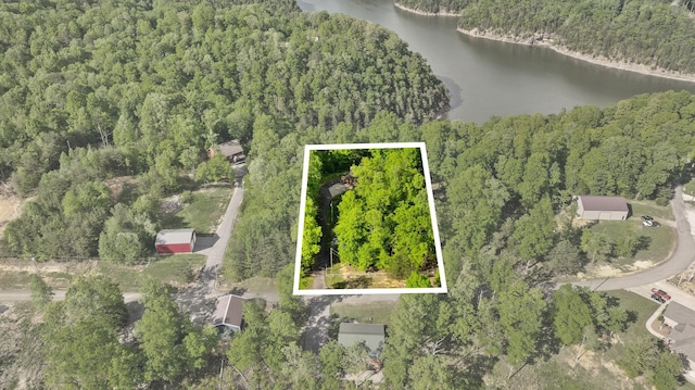aerial view with a water view and a wooded view