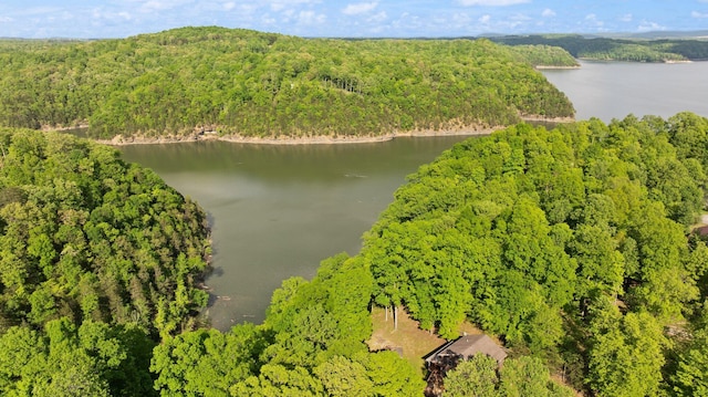 drone / aerial view featuring a water view and a wooded view