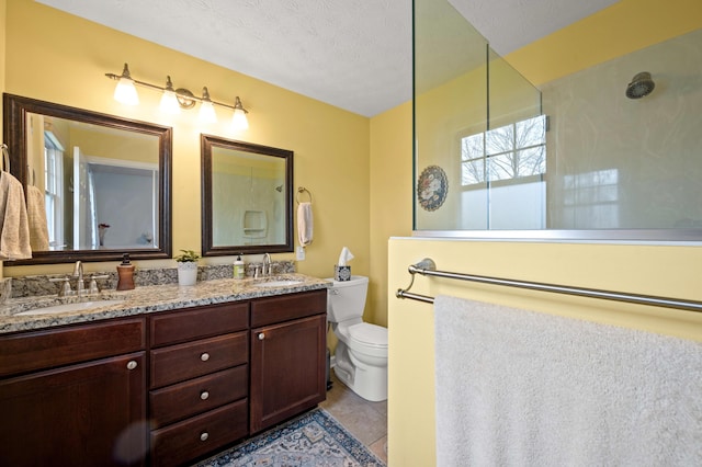 full bathroom featuring double vanity, a sink, walk in shower, and toilet