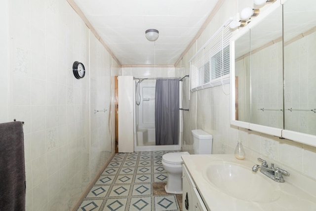 534 Lower Gilmore Rd, Campton, KY 41301 - bathroom featuring vanity, a stall shower, toilet, and tile walls