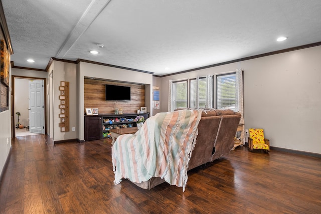 6989 W Laurel Rd, London, KY 40741 - living area featuring ornamental molding, a textured ceiling, baseboards, and dark wood-style floors