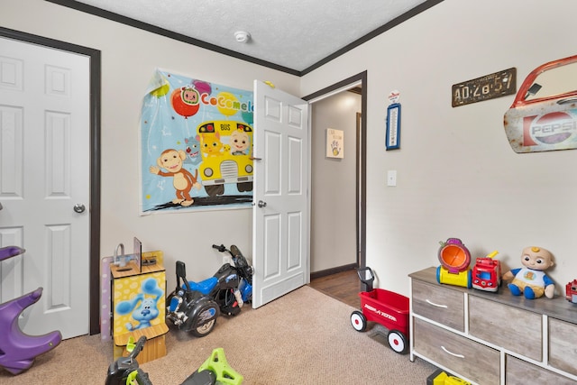 6989 W Laurel Rd, London, KY 40741 - game room with crown molding, a textured ceiling, and carpet floors