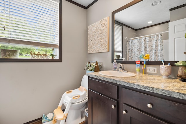 6989 W Laurel Rd, London, KY 40741 - full bath featuring toilet, vanity, crown molding, and a shower with shower curtain