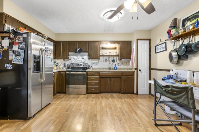 kitchen featuring ceiling fan, appliances with stainless steel finishes, open shelves, light wood-type flooring, and light countertops