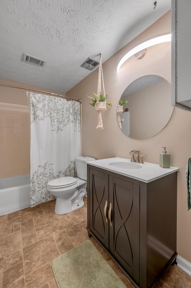 full bathroom with toilet, vanity, a textured ceiling, and shower / bathtub combination with curtain
