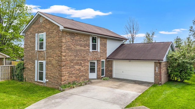 view of front facade with driveway, brick siding, fence, a front lawn, and an attached garage