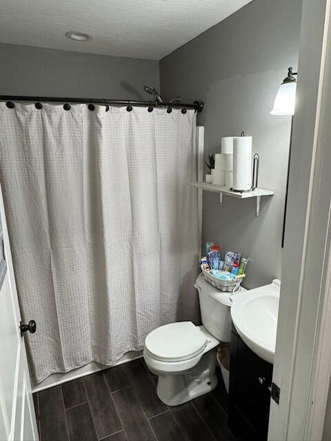 bathroom with vanity, wood finish floors, and toilet