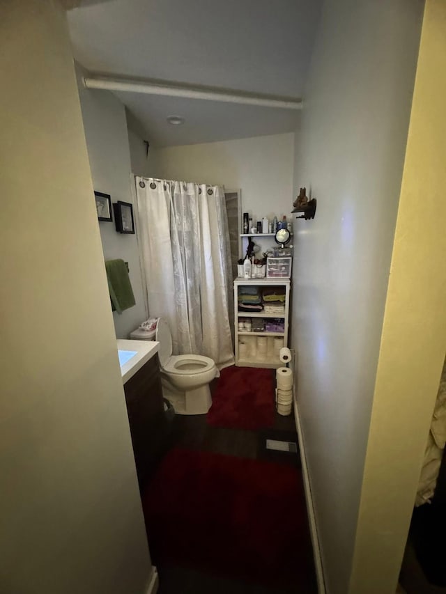 bathroom with vanity, toilet, and a shower with shower curtain