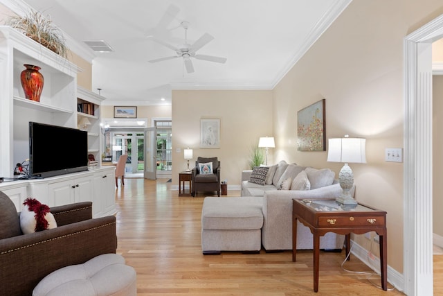 3283 Snaffle Rd, Lexington, KY 40513 - living room with light wood-style flooring, a ceiling fan, ornamental molding, and baseboards