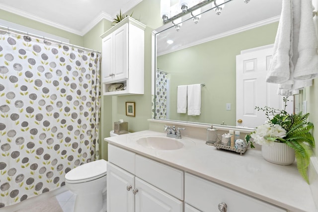 3283 Snaffle Rd, Lexington, KY 40513 - bathroom featuring ornamental molding, toilet, vanity, tile patterned floors, and a shower with curtain