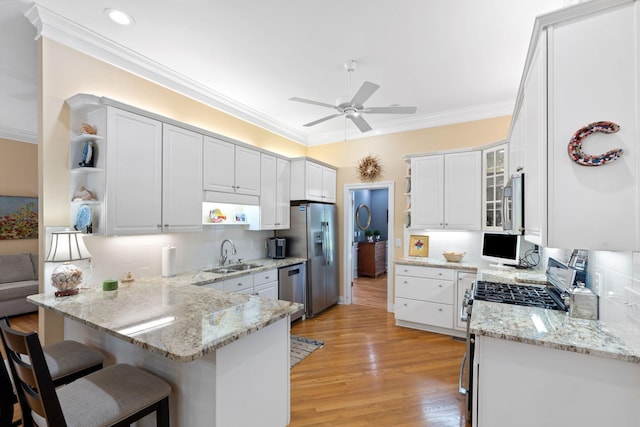 3283 Snaffle Rd, Lexington, KY 40513 - kitchen featuring appliances with stainless steel finishes, a sink, open shelves, a peninsula, and ceiling fan