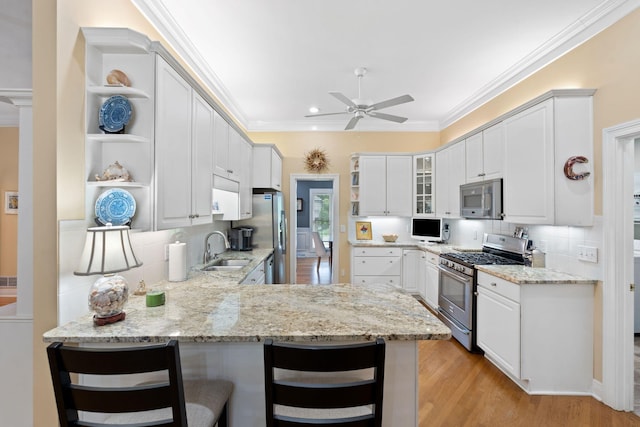 3283 Snaffle Rd, Lexington, KY 40513 - kitchen featuring open shelves, appliances with stainless steel finishes, a sink, a peninsula, and ceiling fan