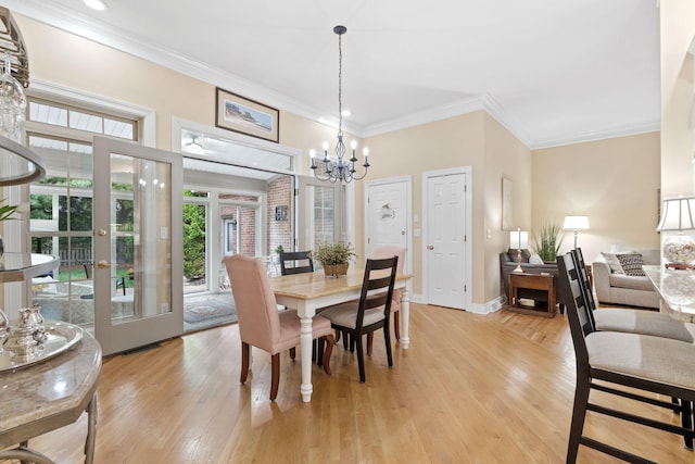3283 Snaffle Rd, Lexington, KY 40513 - dining area with ornamental molding, a chandelier, light wood-style flooring, baseboards, and recessed lighting