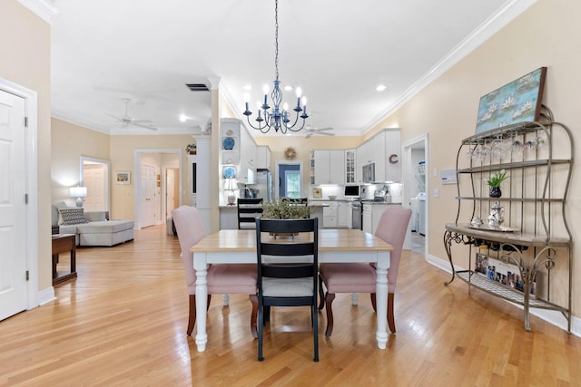 3283 Snaffle Rd, Lexington, KY 40513 - dining area with ornamental molding, a chandelier, light wood finished floors, a ceiling fan, and recessed lighting