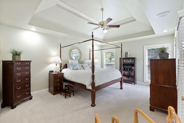 3283 Snaffle Rd, Lexington, KY 40513 - bedroom featuring a raised ceiling, light carpet, baseboards, recessed lighting, and a ceiling fan