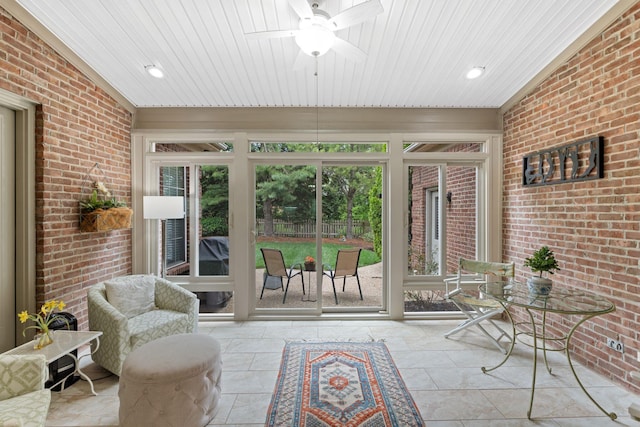 3283 Snaffle Rd, Lexington, KY 40513 - sunroom / solarium featuring brick wall, ceiling fan, and wood ceiling