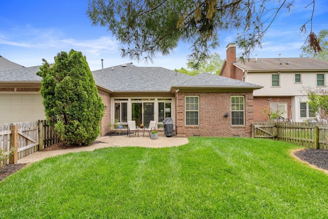 3283 Snaffle Rd, Lexington, KY 40513 - rear view of property with brick siding, a shingled roof, a patio area, and a chimney