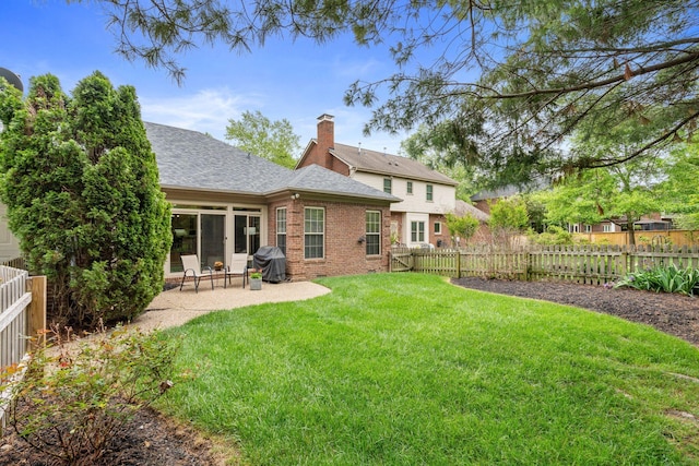 3283 Snaffle Rd, Lexington, KY 40513 - rear view of property featuring brick siding, a patio, a chimney, and a shingled roof