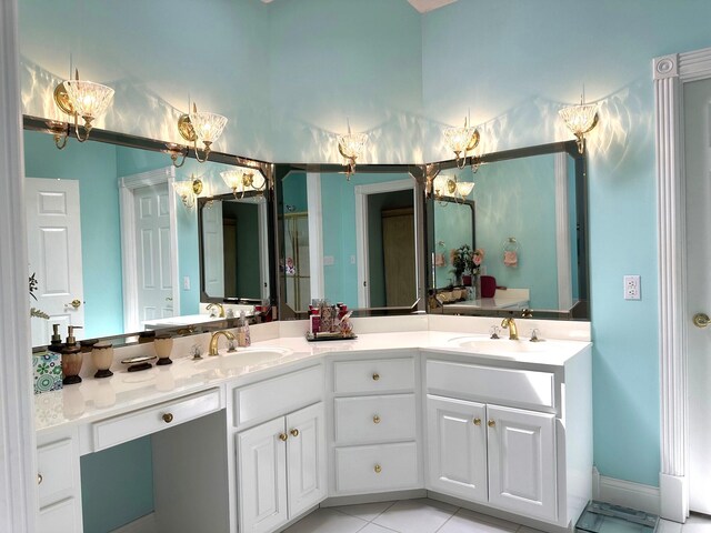101 Wildwood Dr, Somerset, KY 42503 - full bathroom with double vanity, tile patterned floors, a chandelier, and a sink