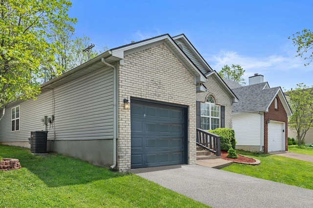 view of property exterior featuring a yard, an attached garage, central AC unit, and a chimney