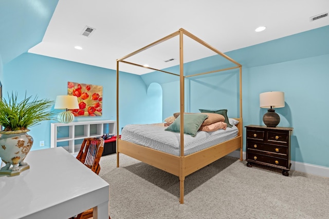 bedroom featuring visible vents, carpet flooring, and recessed lighting