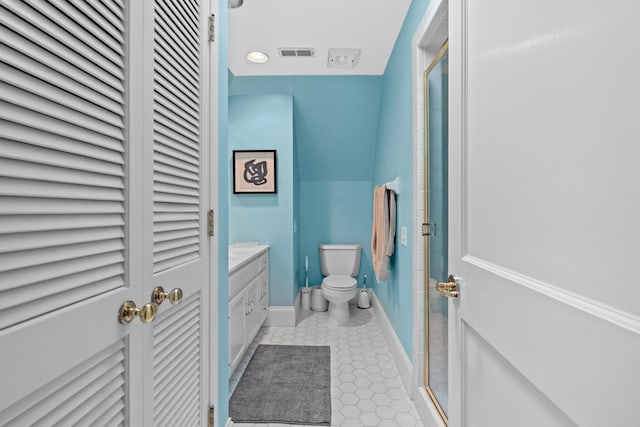 bathroom with visible vents, a closet, toilet, and a shower stall