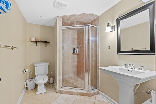bathroom with visible vents, baseboards, a stall shower, and toilet