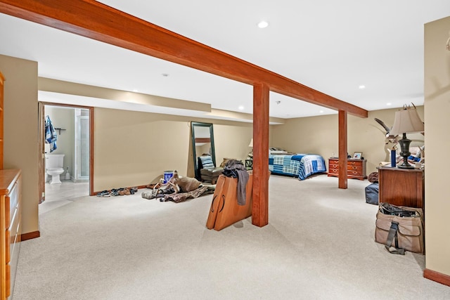 carpeted bedroom with baseboards and recessed lighting