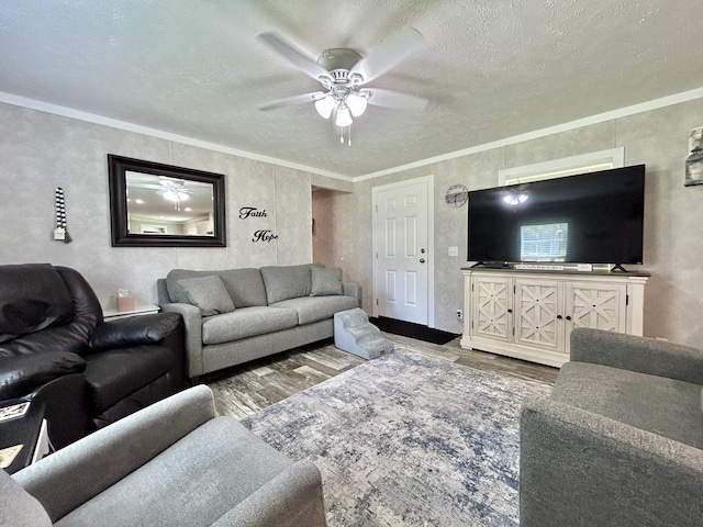 living room with crown molding, a textured ceiling, ceiling fan, and wood finished floors