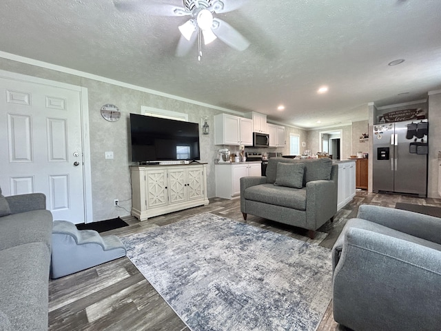 living room featuring a ceiling fan, a textured ceiling, dark wood-style floors, and ornamental molding