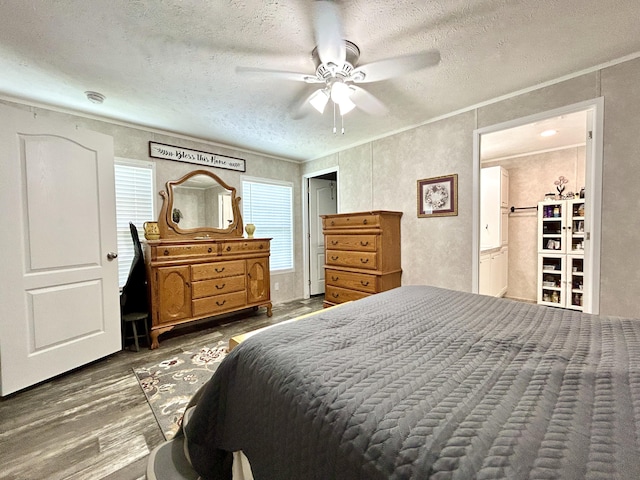 bedroom with a textured ceiling, multiple windows, and wood finished floors